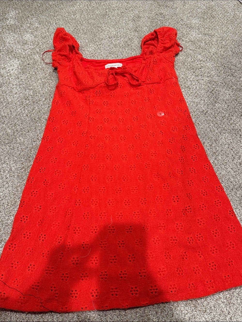 Aeropostale Red Eyelet Knit Kids Dress with Ruffle Tie